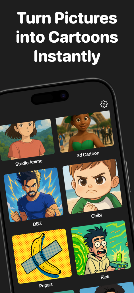 Cartoon Yourself: CartoonPic - Pantalla de la aplicación CartoonPic mostrando los filtros Anime de Estudio, Dibujos Animados 3D, DBZ y Chibi