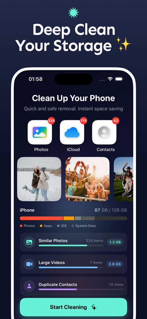 Clean Up AI Phone Cleaner app dashboard showing storage usage and cleaning options for similar photos and large videos