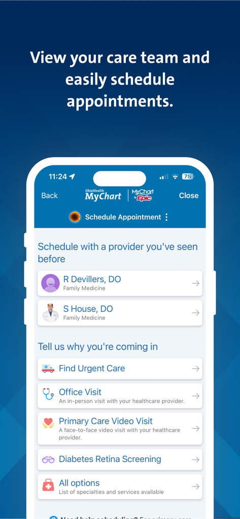 OhioHealth MyChart app interface showing options to schedule appointments with doctors and find urgent care