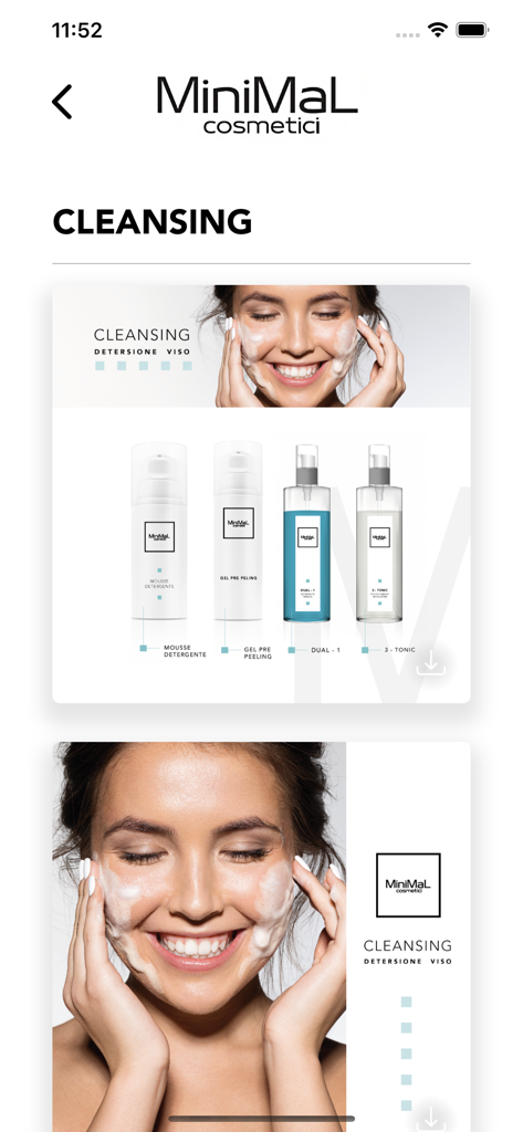 Una captura de pantalla de la sección de limpieza en la aplicación Minimal Group Pro que presenta productos para el cuidado de la piel e imágenes profesionales para esteticistas.