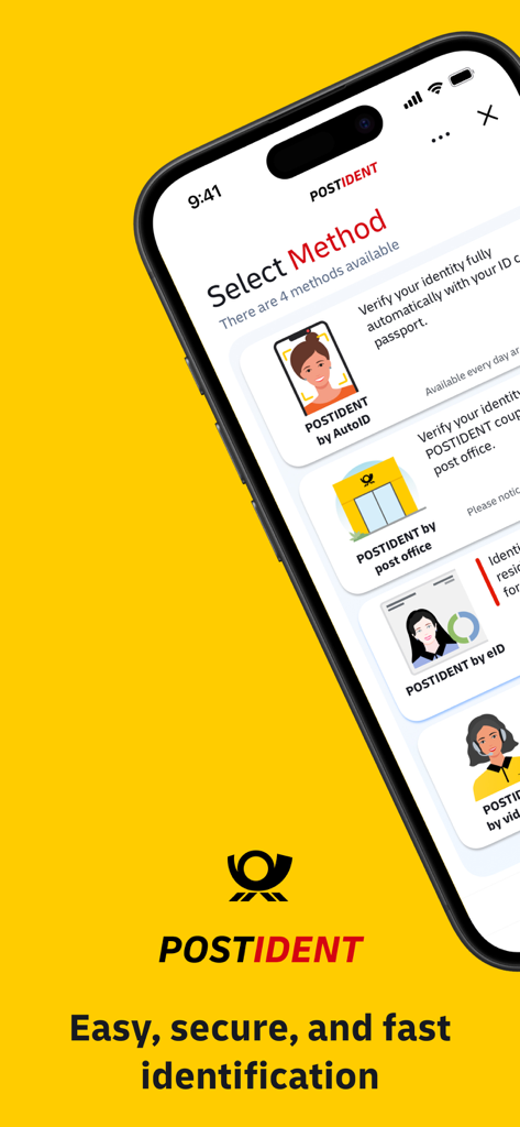 POSTIDENT - Interfaccia dell'app POSTIDENT che mostra diversi metodi di verifica dell'identità, inclusi AutoID e VideoChat