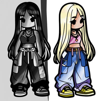 girl in baggy pants crop top and long hair