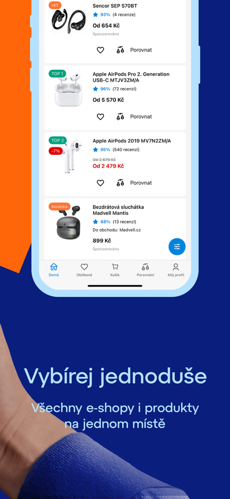 Heureka mobile app interface showing product listings for headphones with prices and review ratings