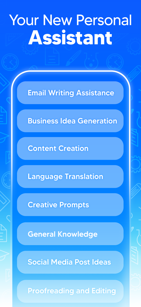 Chat Bot AI Assistant+ - A screen from the Chat Bot AI Assistant app showing various features like email writing business idea generation and content creation