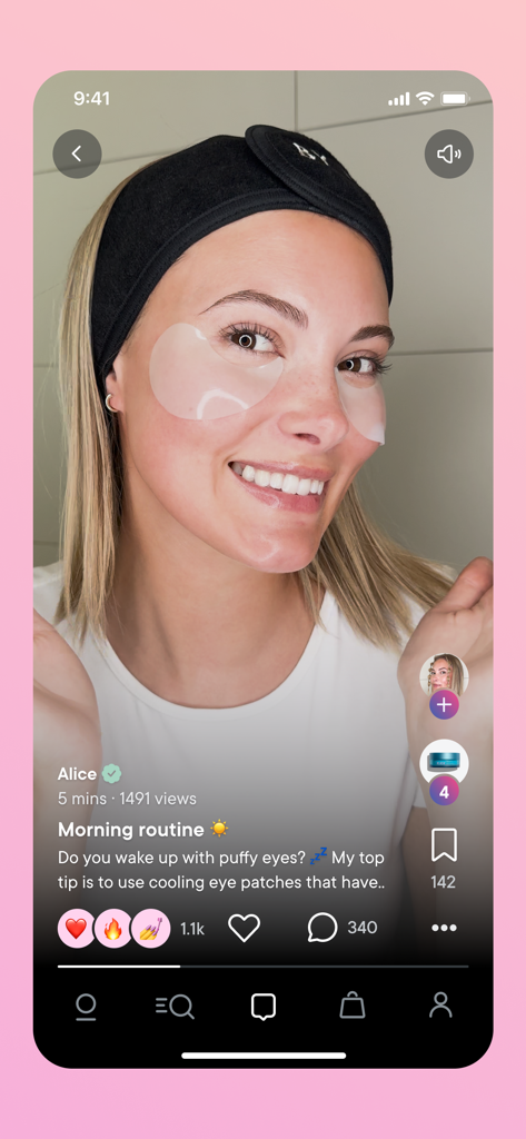 A woman named Alice sharing her morning skincare routine and eye patch tips on the Lyko Social app interface.