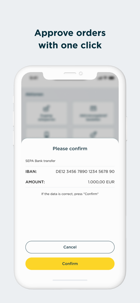 Mobile screen of Commerzbank photoTAN app showing a SEPA bank transfer confirmation request for 1000 Euros with a yellow confirm button.