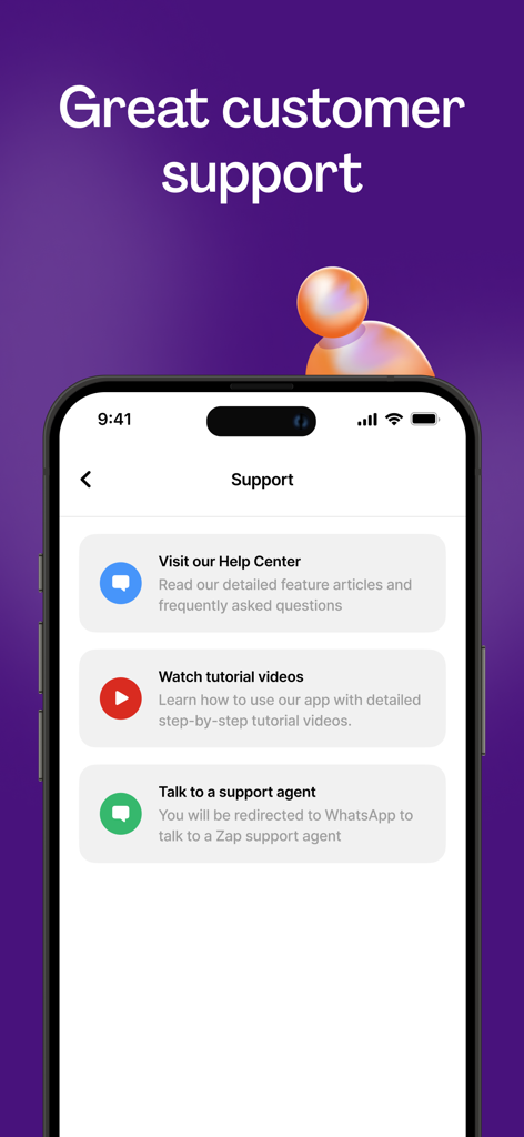 Zap by Paystack - ヘルプセンターとWhatsAppエージェントの連絡先オプションを示すZap by Paystackアプリのカスタマーサポート画面
