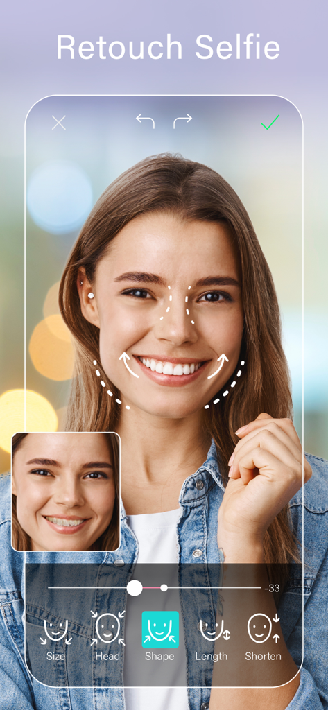 YouCam Perfect app interface showing face retouching and reshaping tools on a selfie
