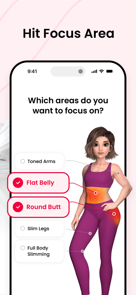 JustFit app screen showing focus area selection with options for flat belly and round butt