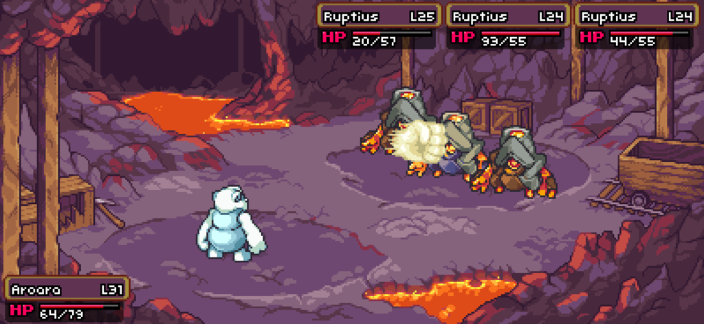 A turn-based pixel art battle between monster creatures in a lava cave in Coromon