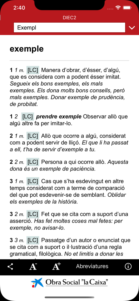 DIEC2 - Screenshot of the DIEC2 mobile app displaying the Catalan dictionary definition for the word exemple