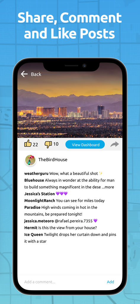 Ambient Weather Network app screenshot showing a community post with a city skyline photo, likes, and comments