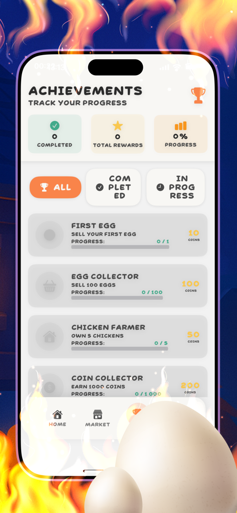 Achievements screen for Fowl Fusion showing chicken farm progress and rewards