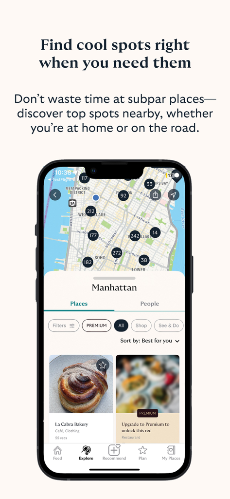 AmiGo Travel app interface displaying a curated map of local spots in Manhattan