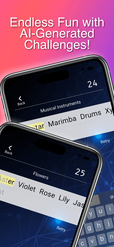 AI-Powered Typing Practice - Mobile app screenshot showing AI-generated typing challenges with topics like musical instruments and flowers on a smartphone display.