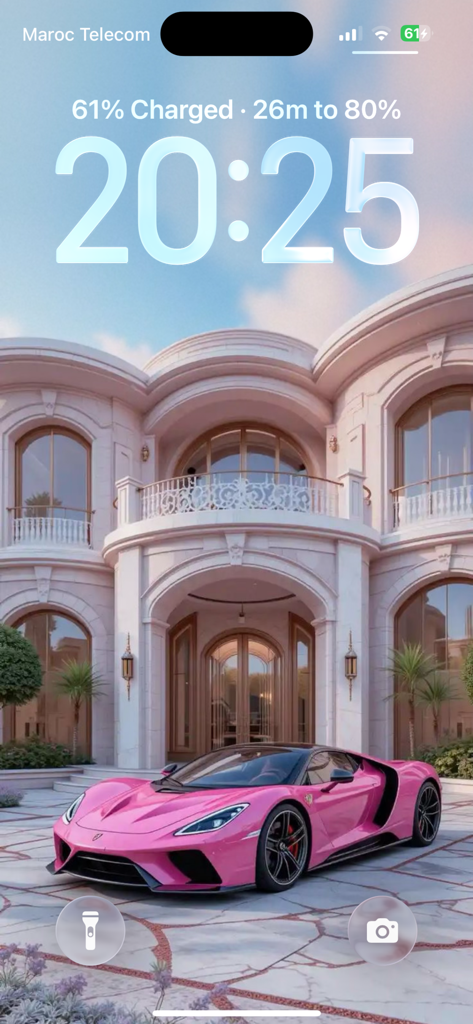 Girl Wallpaper 4K HD - Um supercarro rosa estacionado em frente a uma mansão rosa luxuosa em uma tela de bloqueio do iPhone.