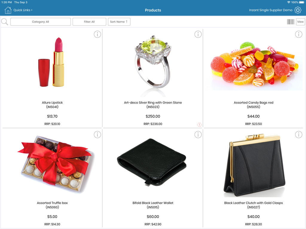 Inzant Sales digital catalog interface on an iPad displaying wholesale products with pricing and codes