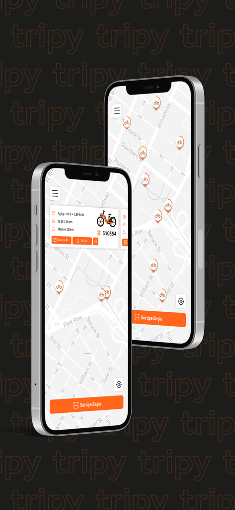 Interfaz de la aplicación móvil Tripy que muestra ubicaciones de bicicletas eléctricas en un mapa de la ciudad con opciones de reserva y inicio de viaje