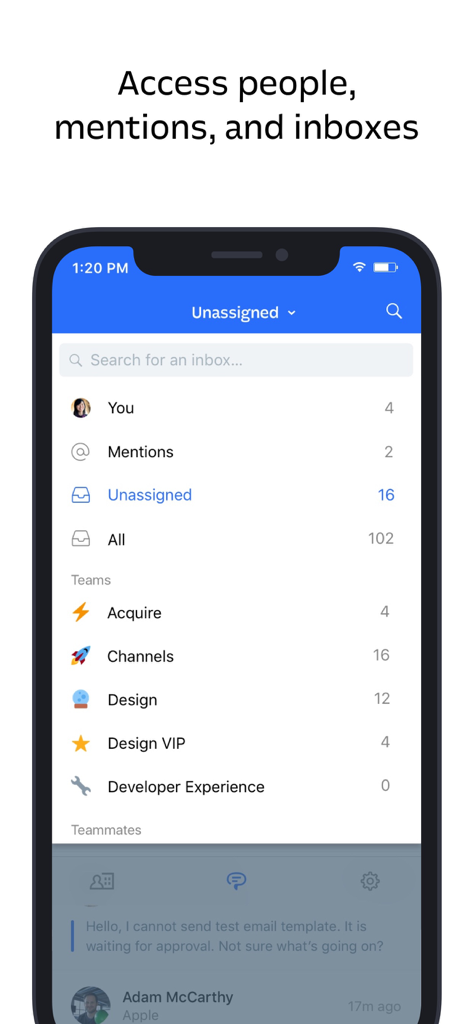 Interfaz de la aplicación Intercom Conversations que muestra el acceso a menciones personales y bandejas de entrada de equipo