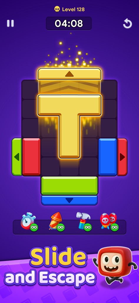 Un écran de puzzle mobile montrant un grand bloc jaune en forme de T sur une grille avec des portes latérales colorées et des boosters