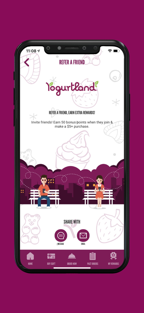 Yogurtland - Yogurtland app refer a friend screen showing how to earn bonus reward points