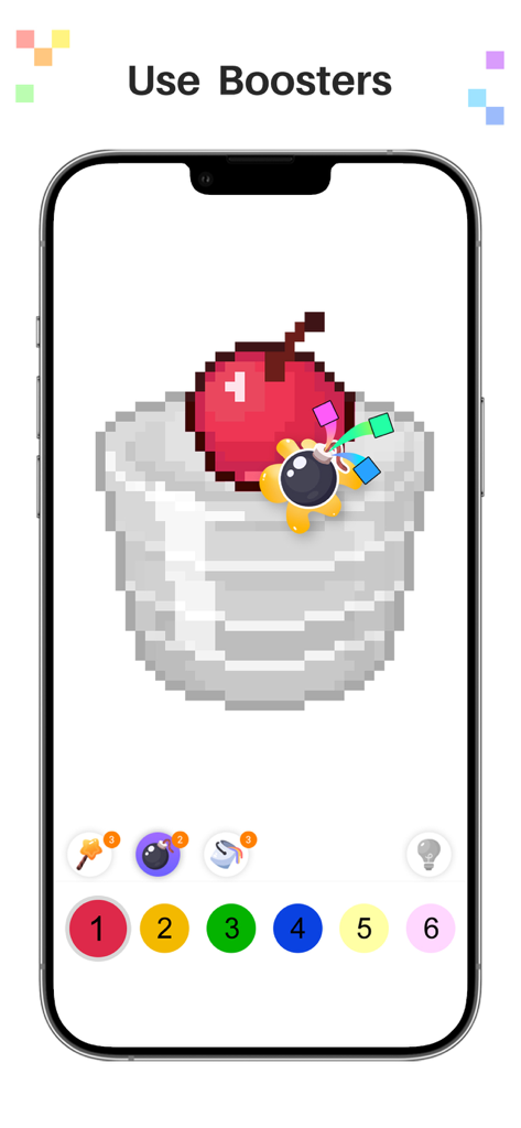 Pixel art coloring of a cupcake using a bomb booster in the app