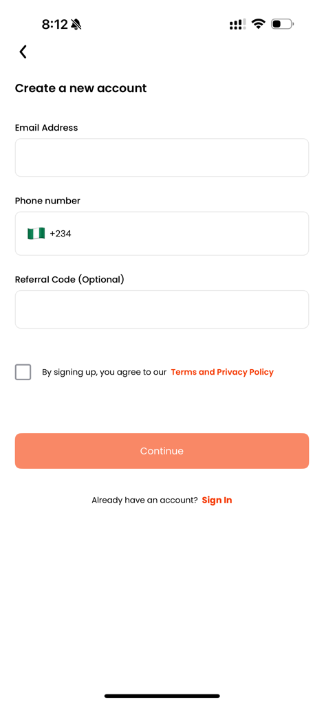 ClearPay - ClearPay mobile app account registration page showing email and phone number input fields