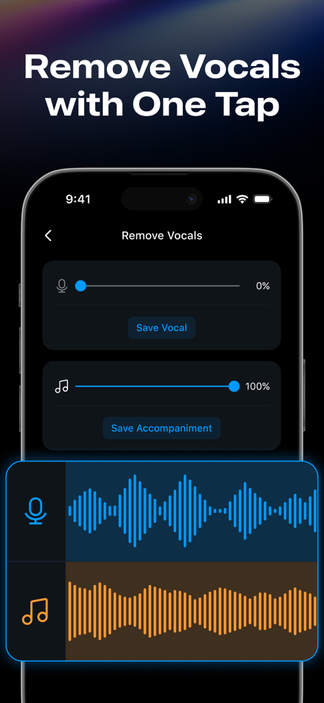 Audio Editor ~ MP3 Converter - Interfaz de la aplicación editor de audio que muestra la función de eliminación de voces con controles deslizantes para voces y acompañamiento.