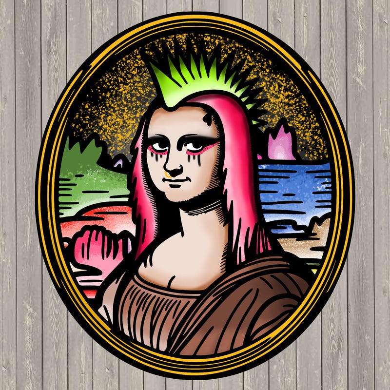 leonardo da vinci's "mona lisa" with punk hairstyle, realistic, thin borders