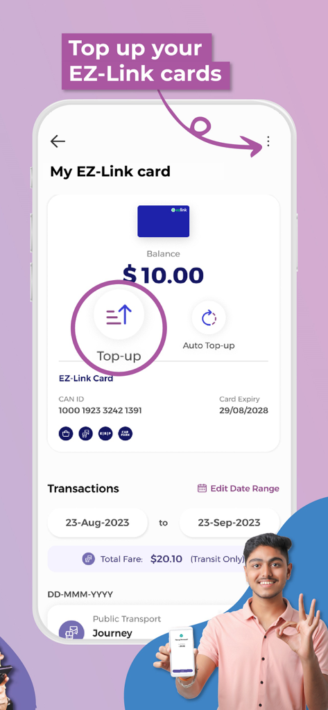 SimplyGo app interface displaying EZ-Link card balance and top-up features