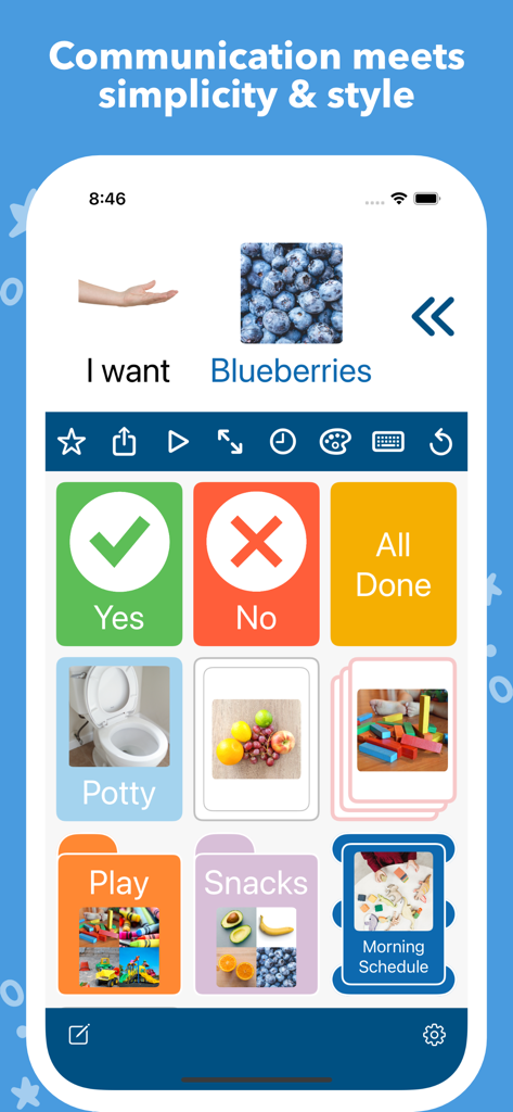 Interfaz de la aplicación Mighty AAC que muestra una cuadrícula de comunicación con botones de construcción de voz y tarjetas de horario visual