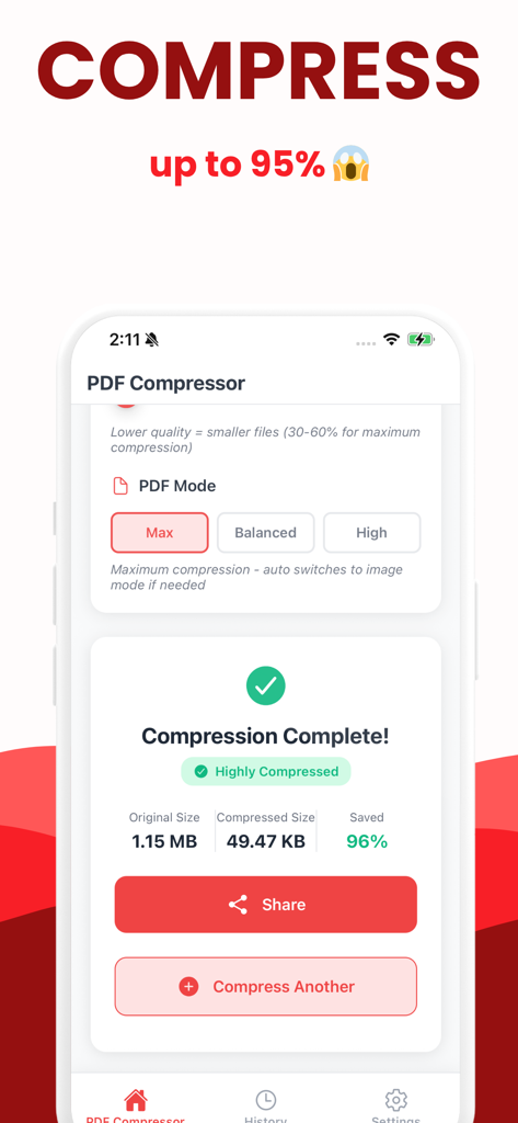 PDF Compressor • Compress PDF - PDF圧縮アプリのスクリーンショット、ファイルが1.15MBから49.47KBに圧縮され、96％のサイズ削減が表示されている