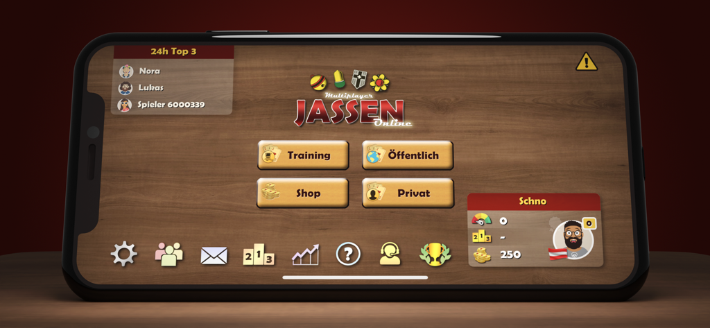 Main menu screen of the Jassen Online Schieber Jass mobile card game app with a wooden tabletop background.