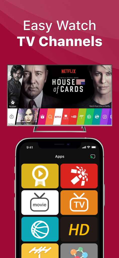 Smartphone interface of a smart TV remote app showing various channel and movie app icons below a TV screen