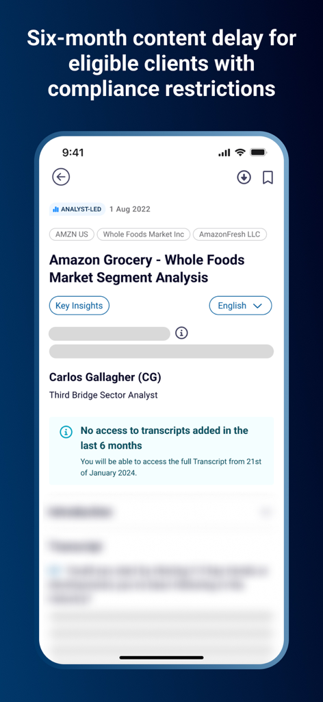 Third Bridge - A screenshot of the Third Bridge app interface displaying an analyst report for Amazon Grocery with a compliance notice regarding a six-month content delay.