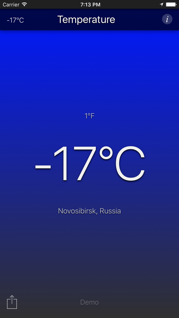 Temperature App - A screenshot of the Temperature App showing minus 17 degrees Celsius on a dark blue background for Novosibirsk Russia.