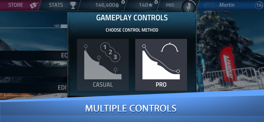Ski Jumping Pro - A menu screen in Ski Jumping Pro showing two control options Casual and Pro