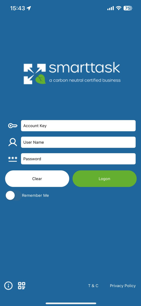 SmartTask Engage - Login interface for the SmartTask Engage workforce management app showing account key, username, and password fields.