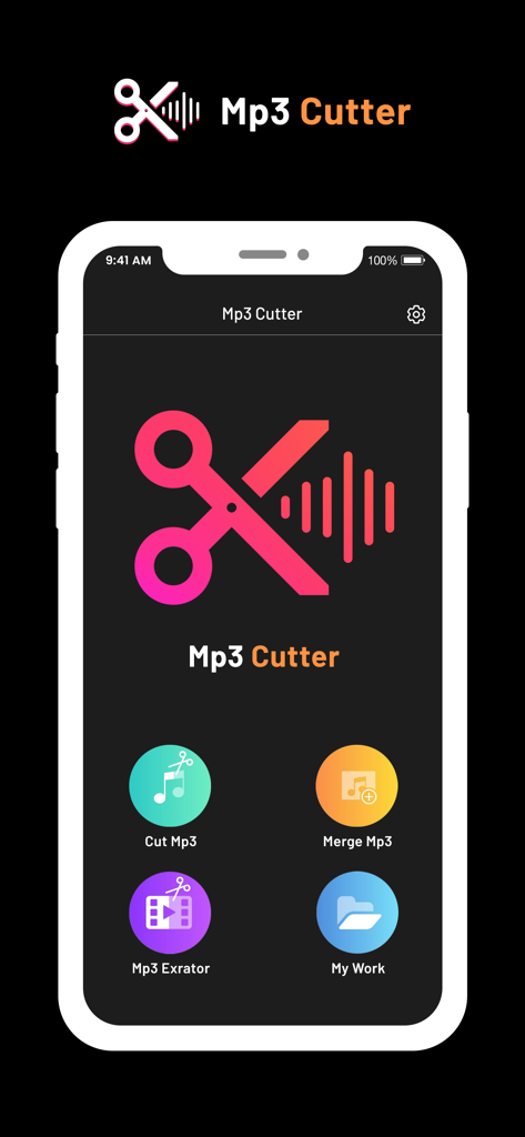 Écran d'accueil de l'application MP3 Cutter montrant les options pour couper, fusionner et extraire l'audio des vidéos