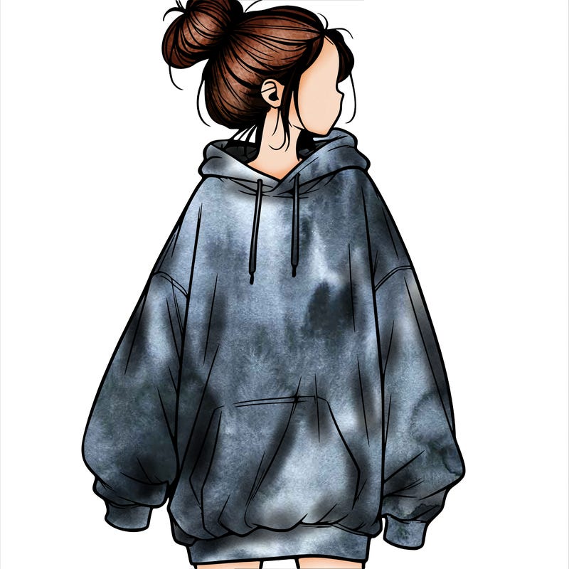 realistic girl with a oversized sweatshirt on and a bun