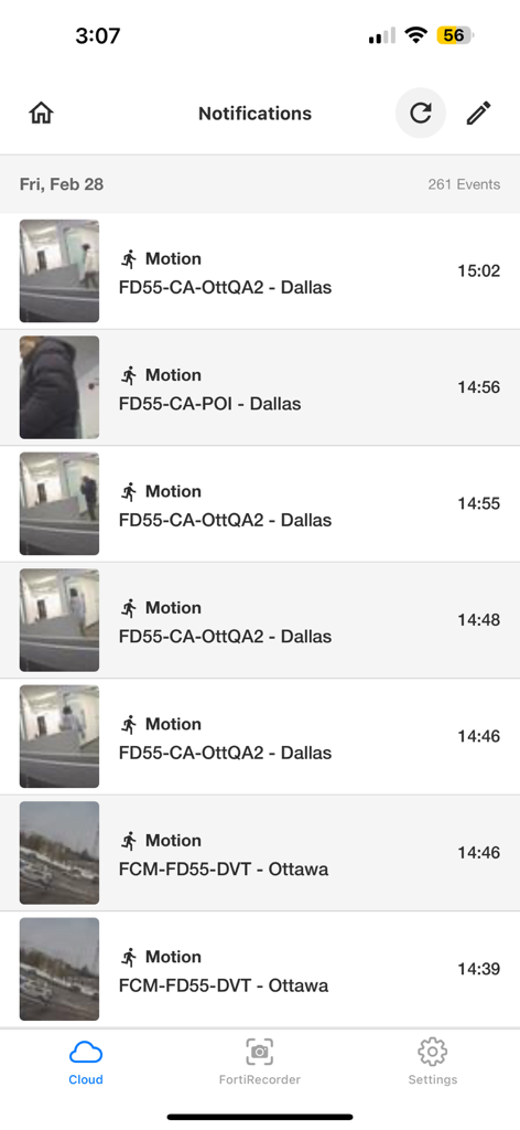 FortiCamera - FortiCamera app screen showing a list of motion detection notifications with timestamps and thumbnails