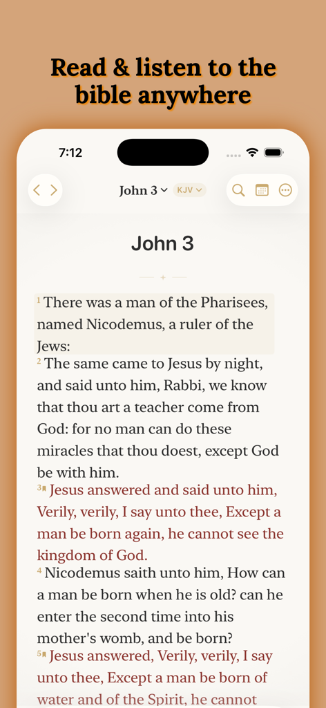 Bible Plus: Pray, Study & Read - Une interface de lecture biblique propre et moderne dans l'application Bible Plus montrant le texte de Jean 3.