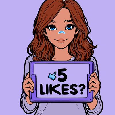 a realistic girl holding a sign saying 5 likes?