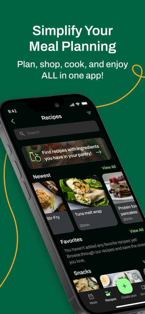 Preppd – Meal Prep & Planner - Tela de smartphone do aplicativo Preppd mostrando receitas saudáveis e recursos de planejamento de refeições