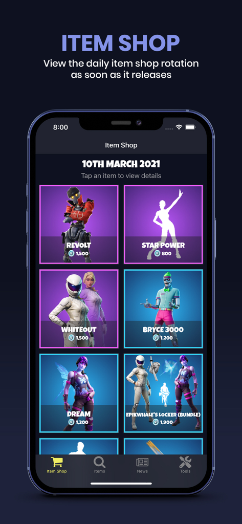 fnbr.co app interface showing the daily Fortnite item shop with skins and prices
