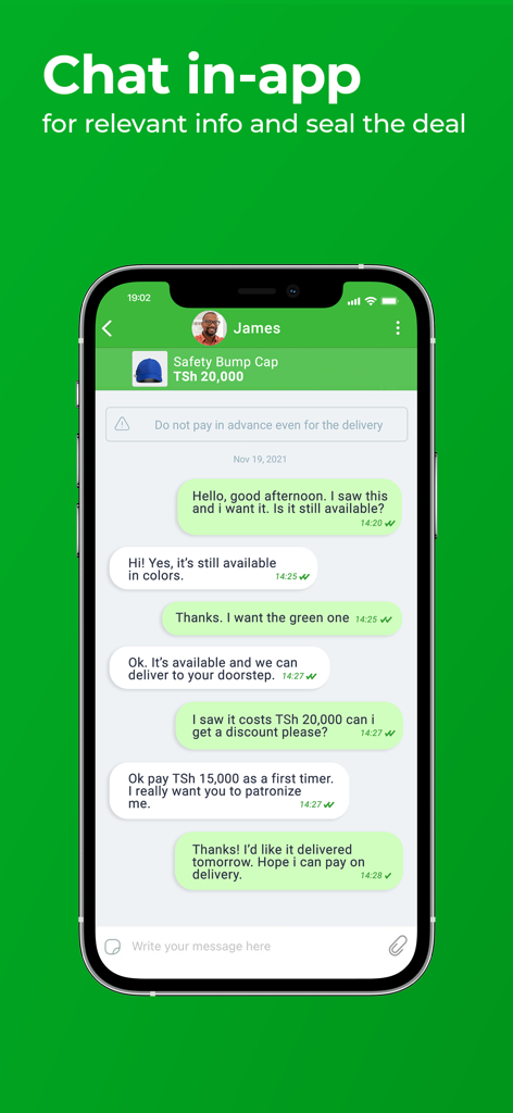 Smartphone screen showing a chat conversation between a buyer and seller on the Jiji Tanzania app