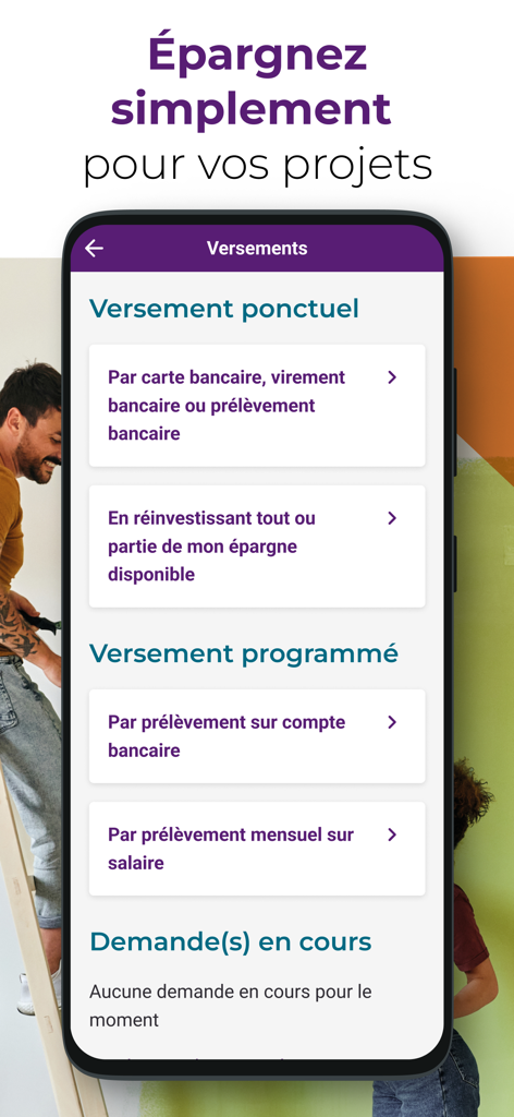 Oberfläche der mobilen Mein Sparen App, die einmalige und wiederkehrende Zahlungsoptionen für Mitarbeitersparen anzeigt
