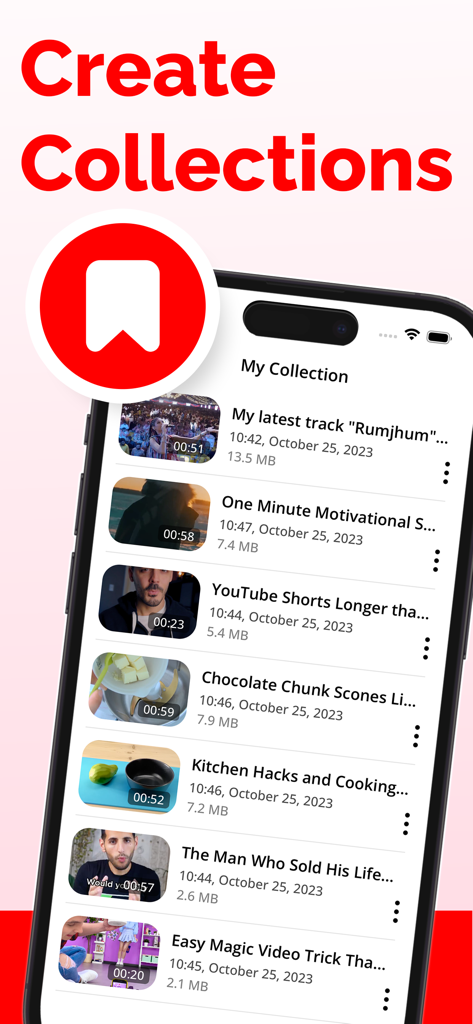 Video Saver : Video Downloader - モバイルアプリのスクリーンショット。My Collectionというタイトルのコレクションに保存された動画のリストが表示され、サムネイルとファイル詳細が含まれています。