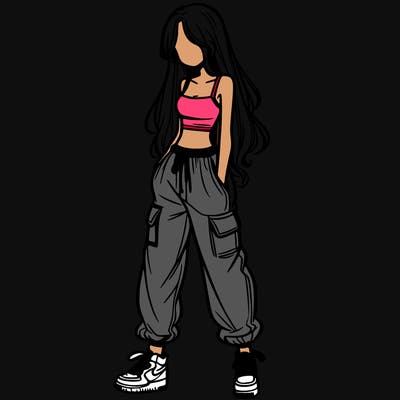 girl in baggy pants crop top and long hair