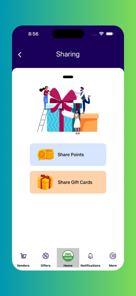 Screenshot of the sharing screen in JML Rewards showing options to share points and gift cards with an illustration of people and a large gift box